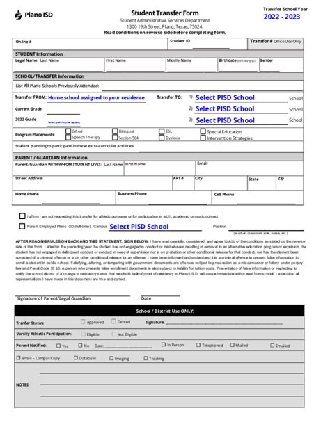 Fillable Online Pisd Edudomain Time Student Transfer Form