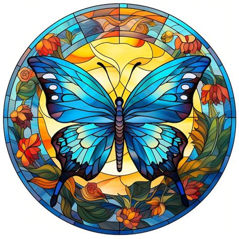 Premium Photo Round Butterfly Pattern In Stained Glass Style