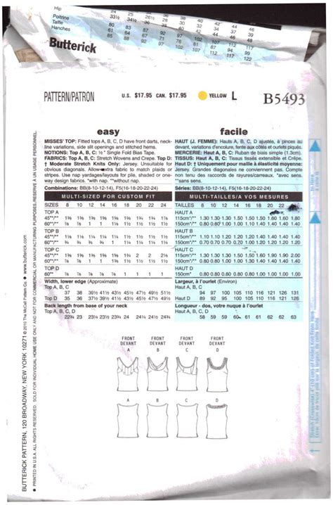 Butterick B5493 Tops Size Bb 8 10 12 14 Used Sewing Pattern