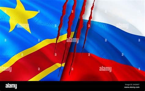 DR Congo And Russia Flags With Scar Concept Waving Flag 3D Rendering