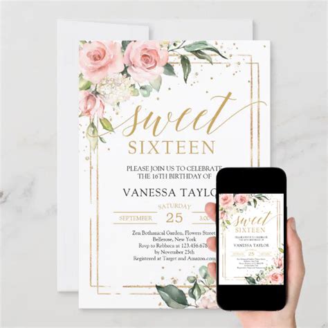 Elegant Boho Blush Pink Floral Gold Sweet Sixteen Invitation Zazzle