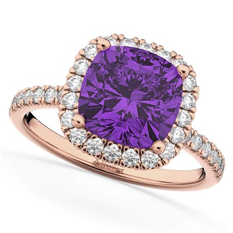 Cushion Cut Halo Amethyst And Diamond Engagement Ring 14k Rose Gold 311ct Ad4364