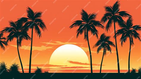 Premium Vector Palm Trees On A Beach With Sunset In The Background