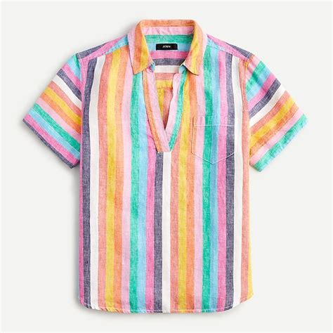 J Crew Short Sleeve Linen Popover Top In Rainbow Stripe Rainbow