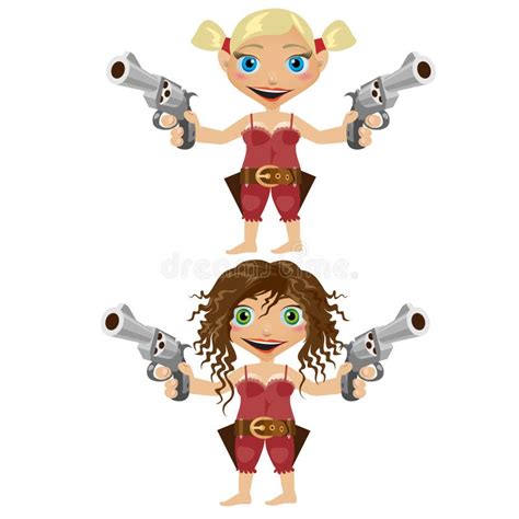 Twee Beeldverhaalmeisjes Blonde En Brunette Met Kanon Stock