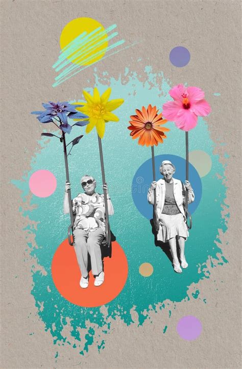Portrait of a Smiling Elderly Women on Swing . Collage with Abstract ...