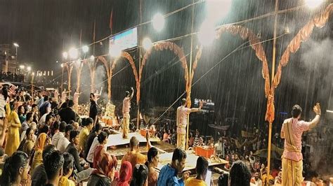 Heavily Rains In Varanasi Ganga Aarti Amidst Rain Water Level Of River