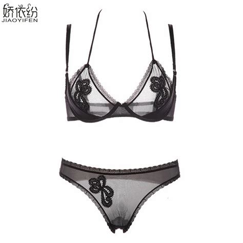 France Brand Fashion Women Sexy Black Lace Bra Set Ultra Thin Halter Brassiere Push Up Bra And