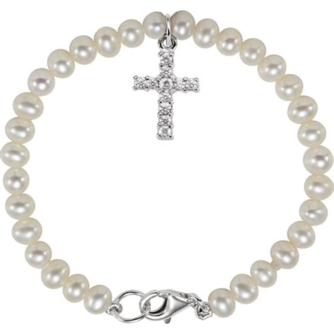 Diamond2deal Sterling Silver Freshwater Pearl And Cubic Zirconia Cross 55 Bracelet For Women