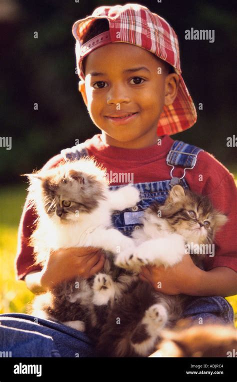 Portrait Of A Boy Holding Cats Stock Photo Alamy