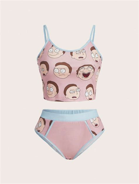 Rick And Morty Romwe Cartoon Graphic Contrast Binding Lingerie Set