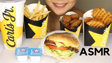 Asmr Carls Jr Superstar Cheese Burger Fried Zucchini And Cheesecake Eating Sounds Youtube