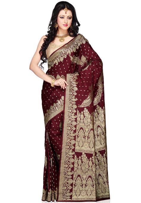 Maroon Pure Silk Satin Banarasi Saree With Blouse Snea76 Saree