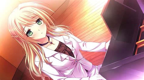 Wallpaper Illustration Blonde Long Hair Anime Girls Green Eyes Cartoon Piano Mote