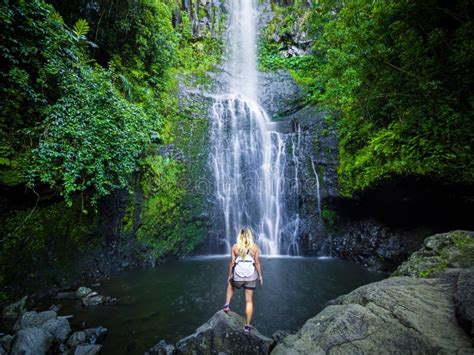 Maui Hawaii Hana Highway Blonde Girl Admires Wailua Falls In Road To