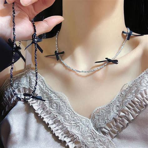 Crystal Beaded Clavicular Chain Unique Ribbon Bow Necklace Jewelry