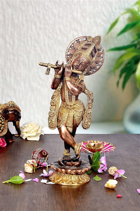 Buy Dattatreya Brass Krishna With Flutes Idol Krishna Religious Statue