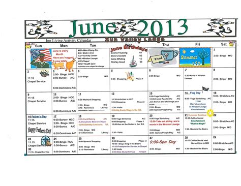 Retirement And Life Care Journal June 2013 Assisted And Independent Living Activity Calendar