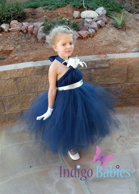 Tutu Dress Wedding Flowergirl Dress Navy Blue Tulle Ivory Ribbon