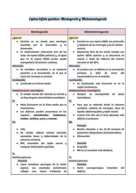 Meningocele Y Mielomeningocele Cuadro Comparativo Bioquimed Udocz