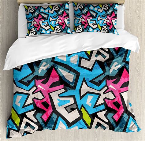 Grunge Duvet Cover Set Street Art Theme With Colorful Graffiti Funky