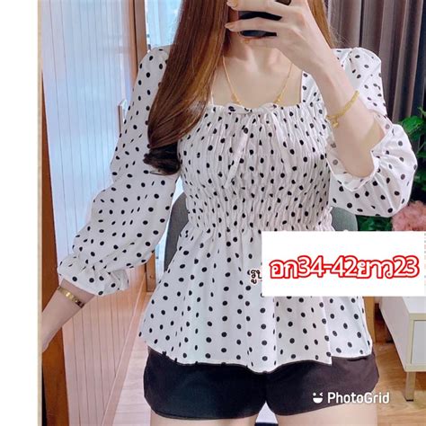 เสื้อสม้อคลายจุดสีขาวแขนยาวน่ารักๆ Shopee Thailand