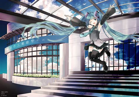 Aircraft Aqua Eyes Aqua Hair Building Clouds Hatsune Miku Long Hair