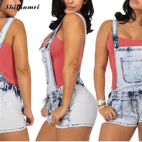 Denim High Waist Suspender Short Ladies Jumpsuits Frayed Light Blue