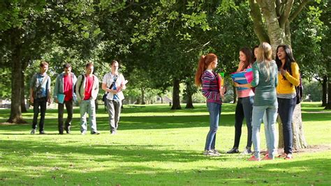 Group Of Happy Students Meeting Up Outside On College Campus Stock