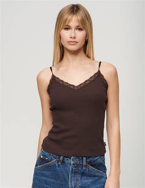 Pure Cotton Ribbed V Neck Lace Trim Cami Top Superdry Mands