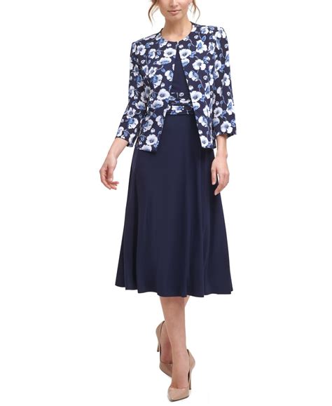 Jessica Howard Pc Floral Print Jacket Midi Dress Set Navy White