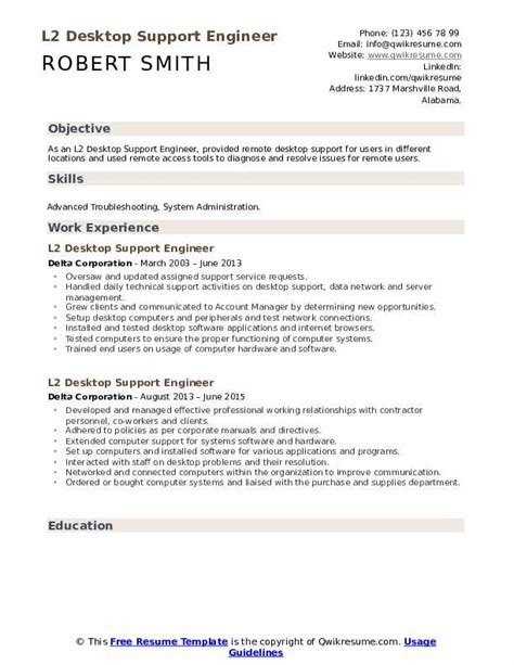 10 L2 Desktop Support Engineer Resume Samples And Templates For 2025