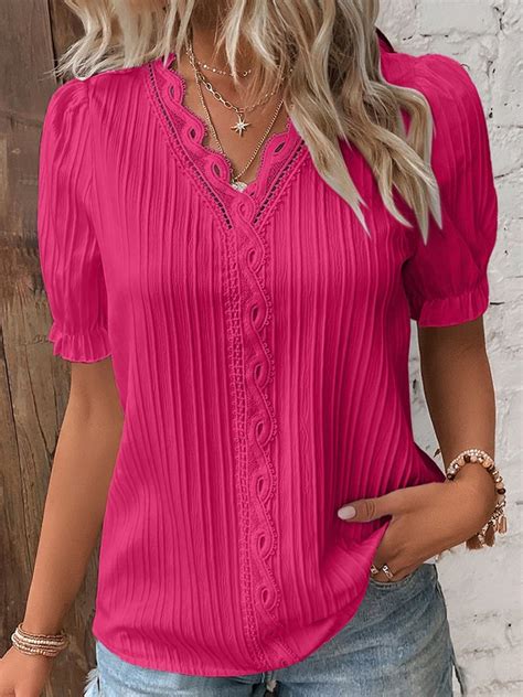 V Neck Plain Lace Elegant Shirt Justfashionnow