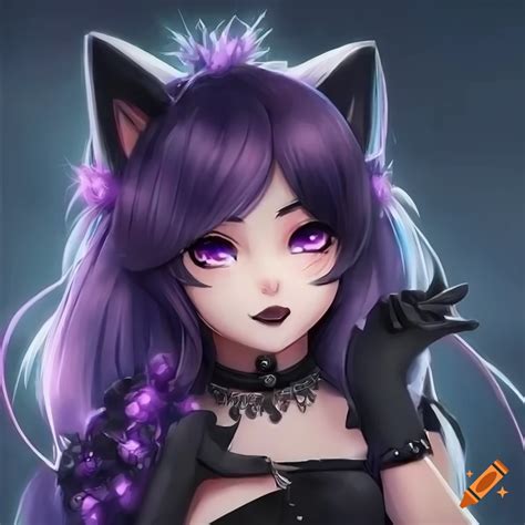 Portrait Of A Cute Gothic Cat Furry Girl With Purple Eyes On Craiyon