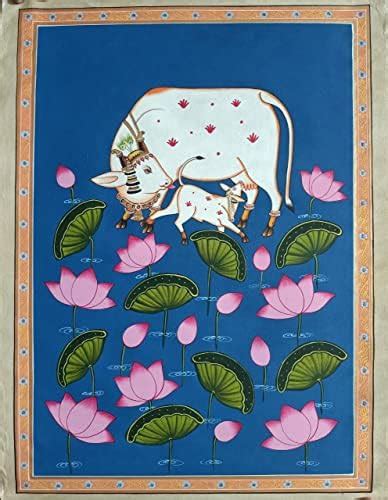 Cow With Kamal Talai Pichwai Painting Hand Painted Traditional Artwork