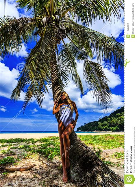 Mujer En El Bikini Blanco Que Presenta En La Palmera Imagen De Archivo