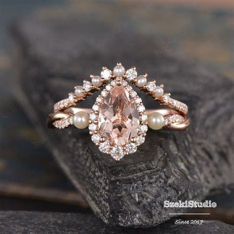 Ct Pear Shaped Morganite Engagement Ring Set Rose Gold Women Halo