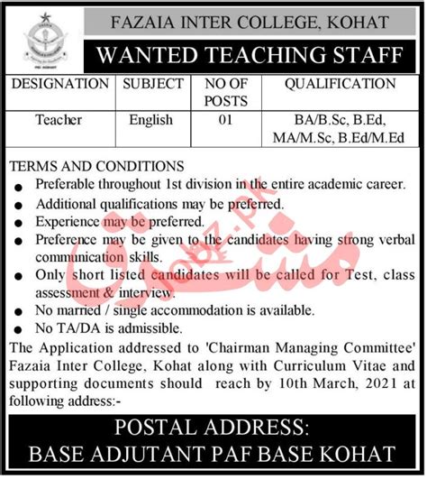 Fazaia Inter College Paf Kohat Jobs 2021 For Teachers 2025 Job