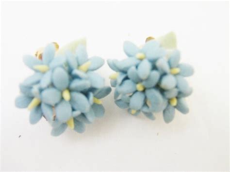 Vintage Blue Porcelain Earrings Floral Earrings Clip