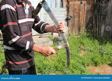 Man Sharpening a Scythe before Mowing Stock Image - Image of steel, sharp: 95632035