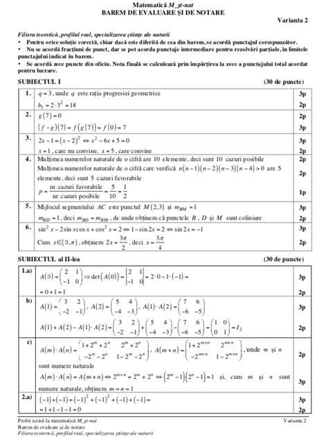 Barem Mate Științele Naturii Bac 2021