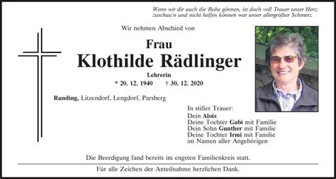 Traueranzeigen von Klothilde Rädlinger Mittelbayerische Trauer