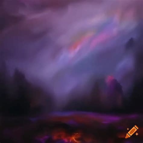 Oil Painting Of A Stormy Landscape With Purple Flames On Craiyon