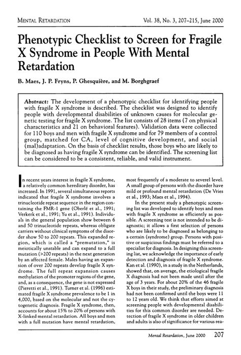 Pdf Phenotypic Checklist To Screen For Fragile X Syndrome In People