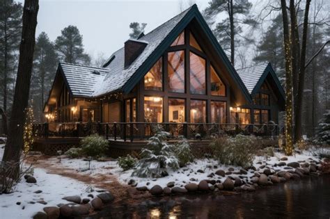 Premium AI Image | cabin in the wood exterior decoration winter view ...