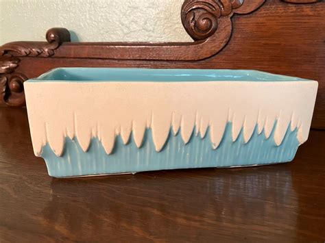 Htf Vintage Turquoise Blue Mccoy Pottery Rectangle Planter Snow Icicle