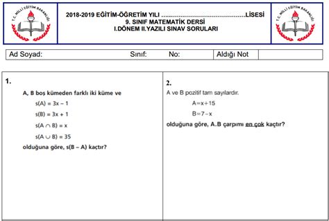 9 sınıf Matematik 1 Dönem 2 Yazılı Soruları ve Cevapları Sorumatik Blog