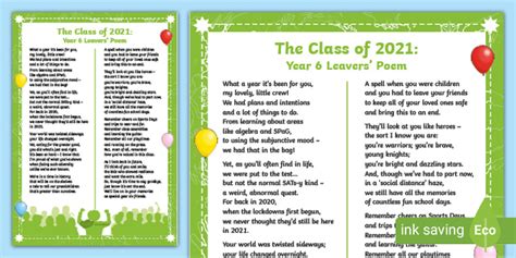 The Class Of 2021 Year 6 Leavers Poem Teacher Made