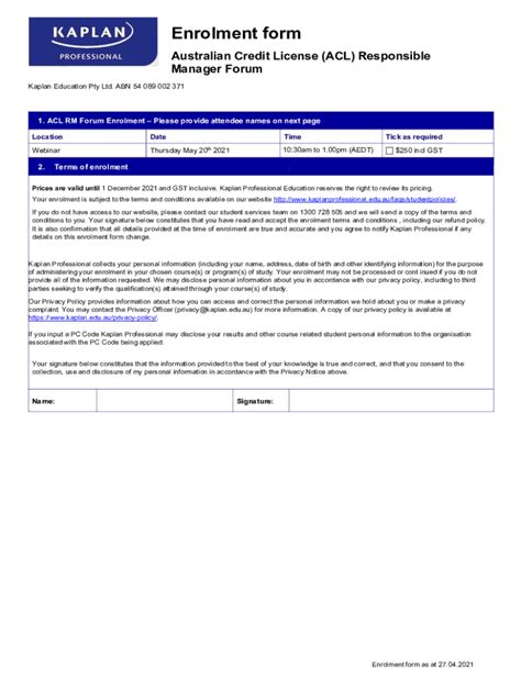 Fillable Online ACL Responsible Manager Forum Kaplan Professional Fax