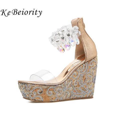 Kebeiority Crystal Women High Heel Wedge Sandals Sexy Peep Toe Ankle